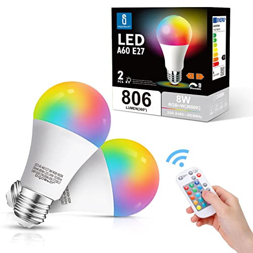 Aigostar LED E27 Lampe Farbwechsel, 8W äquivalent 60W, RGB Glühbirne mit Fernbedienung, Dimmbar Farbige Leuchtmittel, 15 Farben, LED Birne Warmweiß 3000K, 806LM, 2er Pack