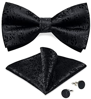 DiBanGu Mens Silk Black Floral Pre-Tied Bowtie Adjustable Bowtie with Pocket Square Cufflinks Formal for Wedding Tuxedo