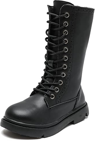 DADAWEN Boys Girls Leather Lace-Up Waterproof Side Zipper Mid Calf Combat Riding Winter Boots (Toddler/Little Kid/Big Kid) Black US Size 2 M Little Kid