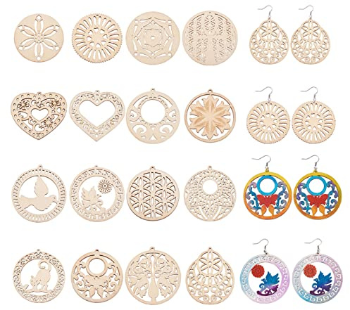 Craftdady Lot de 32 kits de fabrication de boucles d'oreilles pendantes en bois brut creux rond plat en forme de cœur avec crochets et anneaux en acier inoxydable pour la fabrication de bricolage