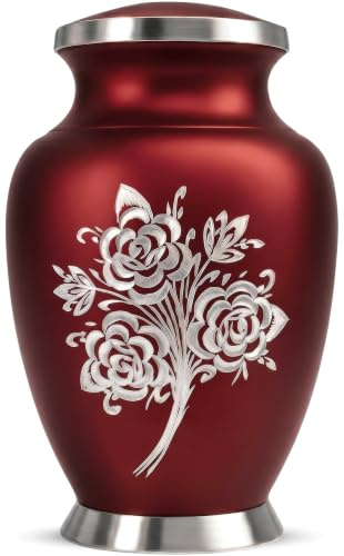 Large Cremation Urns for Human Ashes Adult Female - 200 Cubic Inches Capacity - Handcrafted Rose Urn Design - Honor Your Loved Ones with Decorative Funeral Urn for Ashes for Women (Red)