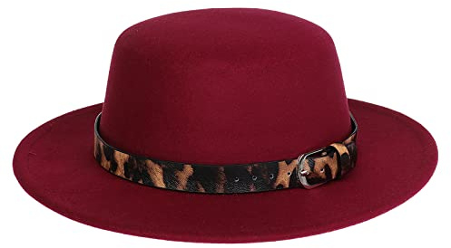 NiceYnn Unisex Trendy Felt Wide Brim Flat Church Derby Cap Headwear Top Hat with Leopard Band, Wool Fedora Panama Bowler Boater Jazz Cap Burgundy & Belt