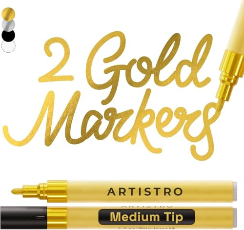 Artistro 2 Gold Metallic Acrylstifte für Stein, Keramik, Holz, Glas, Metall, Stoff, Kunststoff – 3 mm Mittlere Spitze Acrylmarker – Ideal für Scrapbooking, DIY Basteln & Kunstprojekte