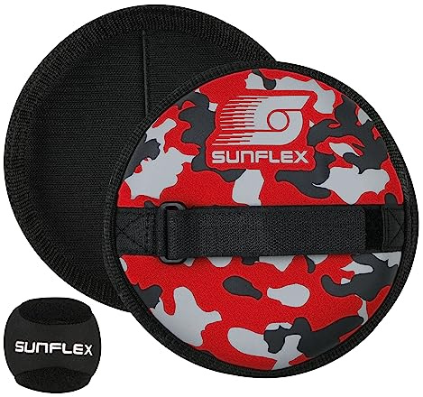 Sunflex® Neopren Sure Catch Set Camo red mit Zwei Schlägern und einem Ball in schwarz | Klettballspiel weich und leicht | extrem robust und langlebig