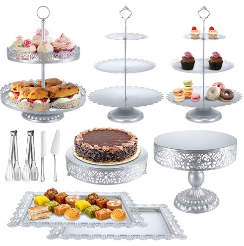 Silver Cake Stand Sets, Metal Dessert Table Display Tiered Cupcake Holder Food Fruit Donut Plate Serving Tower Tray Platter With Tong, Cake Knife and Server Set For Wedding Birthday Party Decor 11PCS