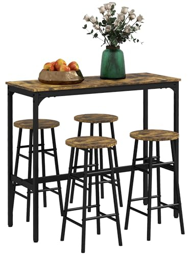 HOMCOM Set Tavolo Rettangolare 4 Posti e Sedie, 4 Sgabelli Poggiapiedi in MDF e Acciaio, Poggiapiedi Ø30x60 cm e Tavolo Rettangolare 105x40x90 cm, Nero e Marrone
