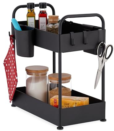 Relaxdays Unter Waschbecken Regal, 2 Etagen, 6 Haken & 2 Becher, HBT: 42,5x22x40 cm, Putzmittel Organizer Küche, schwarz