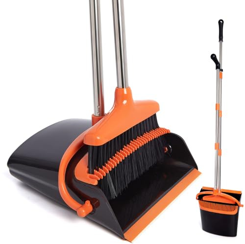 XXFLOWER Dustpan and Brush Sets,Long Handle Broom and Dustpan Set Foldable with Comb Teeth,Soft and Upright Sweeping Brush Set for Commercial Indoor Kitchen Stairs Sweeping Pet Dog Hair(Black Orange)