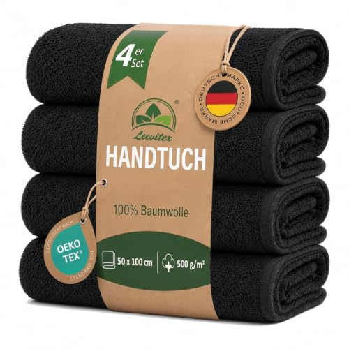 leevitex® Premium Handtücher 4er Set 50x100 cm, 100% Baumwolle Frottee, 500 g/m², Öko-Tex Standard 100, saugstark und weich, Schwarz