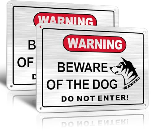 TAKULA Beware of Dogs Warning Sign, 20x15cm Brushed Aluminum, Pack of 2 | self-adhesive stickers included, weatherproof, durable, for outdoor door wall fence, do not enter warning