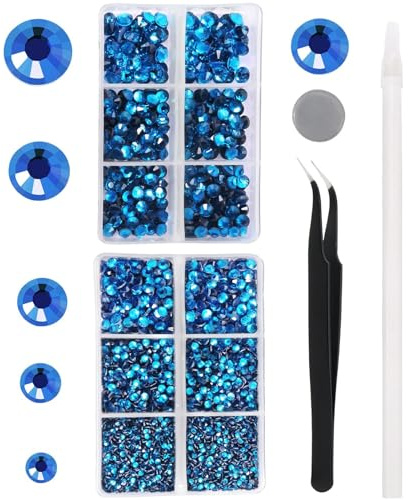 YHMQ DU 6616 Strass Hotfix en Verre Cristal Bleu Capri SS6-SS30 | strass thermocollant pour vetement, tailles SS6 à SS30, avec pince à épiler et stylo, pour vêtements, tissus et DIY