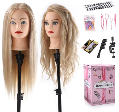 Hairdressing head 70% Real hair, Mannequin Head with Hair Doll Head for Hair Styling Cosmetology Training Styling Head Practice Head with table clamp + Hairdressing Tools Accessories Set