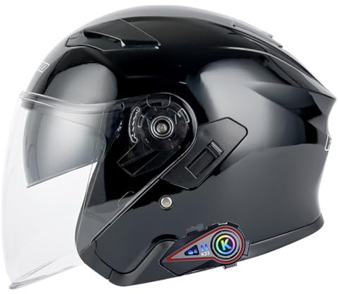 Bluetooth Jethelm Motorradhelm ECE Zertifizierung Integrierter Bluetooth-Helm Jet Scooter Helm Rollerhelm Jet-Helm Herren Damen mit Doppelvisier E,M