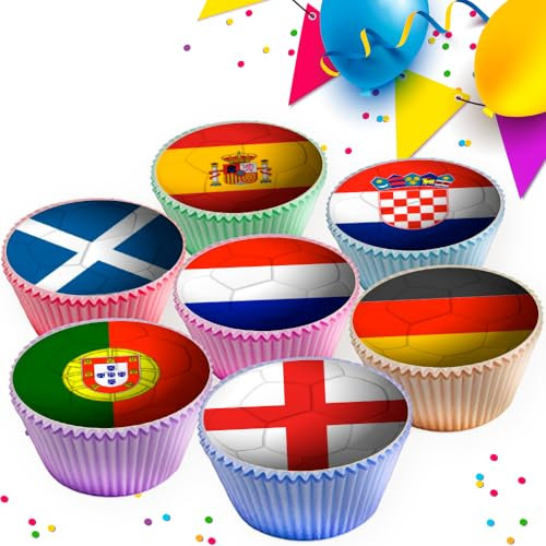 24 x MIXED EUROPEAN FLAGS FOOTBALL EDIBLE ICING 4.5 cms CUPCAKE TOPPERS DECORATIONS