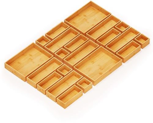 SpaceAid 21-Piece Bamboo Drawer Organizer Storage Boxes Set, Wood Tray Junk Drawer Organizers Multi-Use Divider Bins for Kitchen, Bathroom, Office Desk and Makeup Organization (21 Pack, Natural)