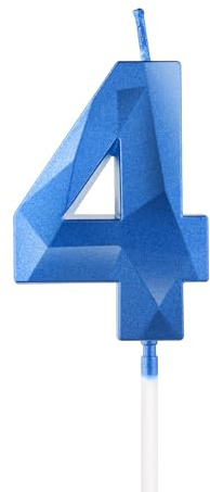 Königsblaue Kerzen zum 4. Geburtstag, 3D-Zahl 4, Saphir-Kerzenaufsatz, blaue Kuchendekorationen
