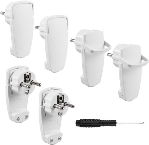 6 connettori angolari a contatto di protezione, 250 V, 16 A, spina Schuko piatta con manico pieghevole, spina Schuko angolata, spina IP20 per cavi fino a 3 x 1,5 mm², colore: bianco