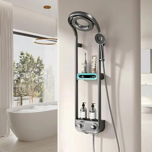 Thermostatic Shower Head System, Shower Faucet 2 Ways of Water Discharge, Shower Head with Handheld LED Digital Display, Waterfall Showerhead Shower Set,Grey,Cold and Hot