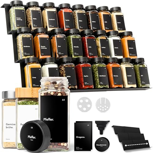 KIVY Gewürzregal mit Gläsern | inkl. 24 Gewürzgläser mit Etiketten - Verstellbar & passend für alle Schubladen - Gewürzgläser mit Regal - Gewürz Organizer Schublade
