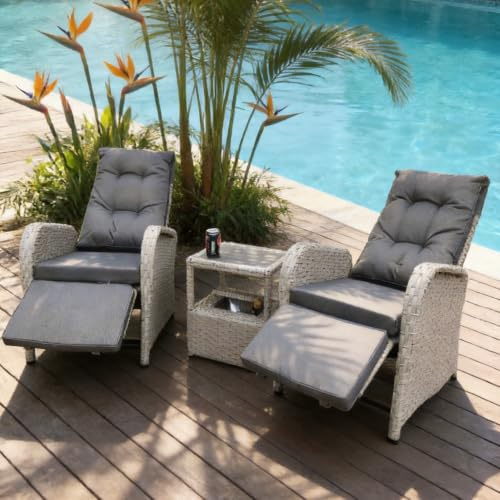 AZRBOPO Patio Recliner Chair, Garden Lounge Chair Set with Ice Bucket Table, Rattan Armchair with Adjustable Backrest and Footrest Reclining Lounge Set