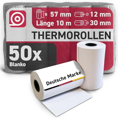 Gebongt24 Thermorollen 57 mm x 10m x 12 mm mit 55g/m² – hochwertige Bonrollen aus BPA-freiem Thermopapier – 50 Kassenrollen mit ⌀ 30 mm – für EC-Cash & Kassenbondrucker