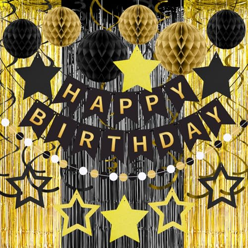 Tolle Geburtstag Deko Set - Geburtstag Banner, Folien Vorhänge, Wabenbälle & Party Accessoires Schwarzes Gold Geburtstagsdeko - Für Jungens/Mädchen Kindergeburtstag - Einfache Montage