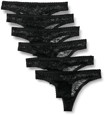 Amazon Essentials Culottes Entièrement en Dentelle Extensible, Modèles Shorty, Cheeky et String Femme, Lot de 6, Noir, 42