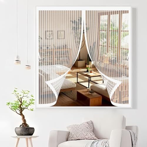 Magnetic Fly Screen Door 86 x 100 cm Anti Mosquito, Keep Fresh Air in, Portable, Foldable, Custom Sizes, Fly Screens for Windows Magnetic for Patio Door/Balcony, White