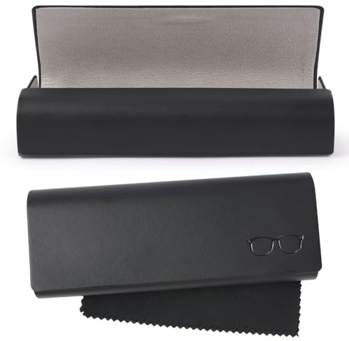 AOOSA Glasses Case Hard Shell, Portable Spectacle Cases for Women Men, PU Leather Sunglasses Case with Cleaning Cloth, Glasses Protective Storage Box for Travel Reading Study Work, Black