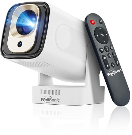 Wellsonic Mini proyector, con WiFi 6 y Bluetooth 5.4, proyector portátil, soporte local 1080p 4K, Android 11, 260 lúmenes ANSI, altavoces de 5 W, control de voz, enfoque automático, proyector al aire