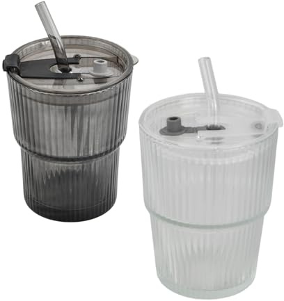 xianynow 2 bicchieri in vetro da 400 ml, design ermetico con coperchio e cannuccia, set di vetro impermeabile per cappuccino, latte, tè, tè freddo, iced americano, latte e succhi di frutta