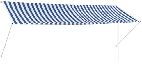 Tenda da Sole Retrattile 350x150cm, Blu e Bianca, Tessuto Poliestere Impermeabile UV, Struttura Acciaio, per Balcone Giardino Terrazza, Telo Ombreggiante Esterno