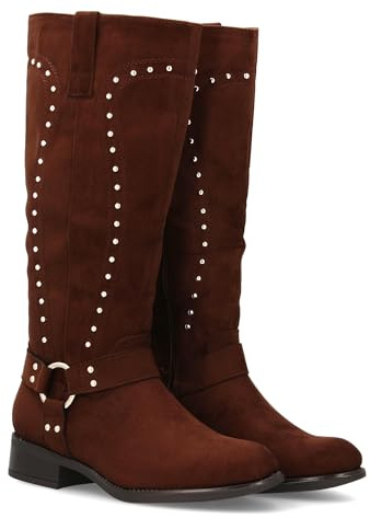 95959 Bota Cowboy con Cana Alta y Tachuelas para Mujer. Tacon Medio y Comodo. Estilo campero, Estampado Liso, Cierre de Cremallera Ideal para Otono Invierno. Marron Talla 40