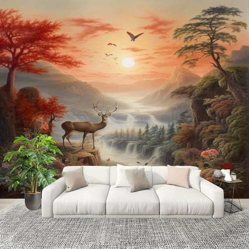 Fotomurale Paesaggio, Fiori, Uccelli E Cervi Murale in Tessuto Non Tessuto Poster Gigante 350x256 cm Opera D'Arte Carta da Parati per Diverse Stanze Carta da Parete, Murale Alla Moda