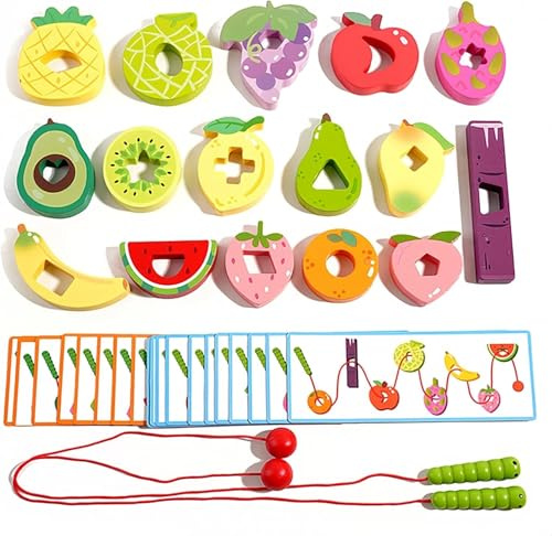Megele Wooden Greedy Caterpillar Rope and Bead, 3in Caterpillar Eat Fruit Threading Game, Shape Montessori Geometric Interactive Sensory Matching Games