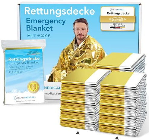 URBAN MEDICAL Premium Rettungsdecken - Große doppelseitige Notfalldecken Gold/Silber - 5-15 Stück - Schutz vor Kälte und Hitze - 210 x 160 cm