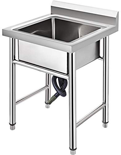 BuoQua Fregadero Comercial de Acero Inoxidable, 1 Compartimientos de Tamaño 44 x 44 x 25 cm y Tamaño Total 93 x 61 x 60 cm para Fregadero de Cocina, 4 Patas de Forma H para Fregadero de Barra Inferior