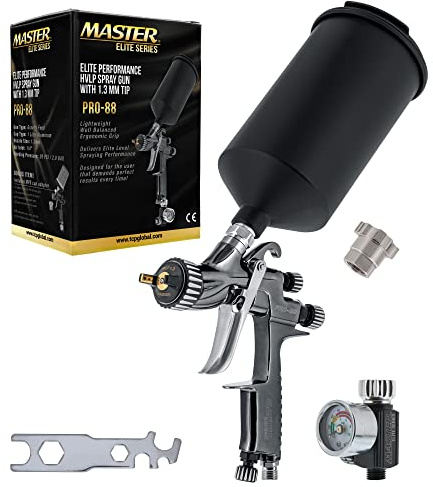 Master Elite Performance PRO-88 HVLP Automotive Spray Paint Gun with 1.3mm Tip, 1L Cup, Regulator Gauge, MPS Adapter - Auto Paint Spray Gun for Automotive Basecoats, Clearcoats - Advanced Atomization