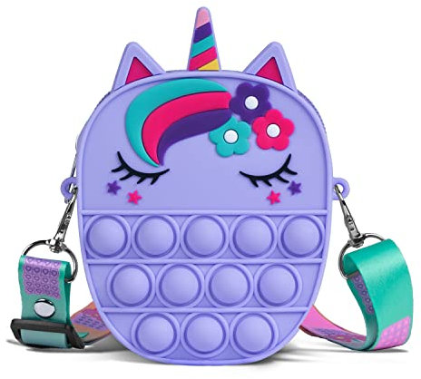 Sichy Pop It Tasche, 2 in 1 Fidget Toys Taschen Umhängetasche mit Längenverstellbarem Tragegurt, Pop It Einhorn Tasche für Erwachsene Kinder Geschenke für Mädchen