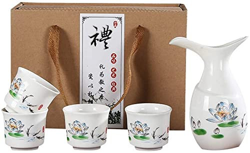 Sake Cup Set Sake-Set-Tassen Sake Flasche 5-teilige handbemalte Porzellankeramik Traditionelles Keramikhandwerk Weinbecher Sake-Topf, enthält 1 Weinkrug und 4 Weingläser Set mit Geschenkbox LSDRALOB