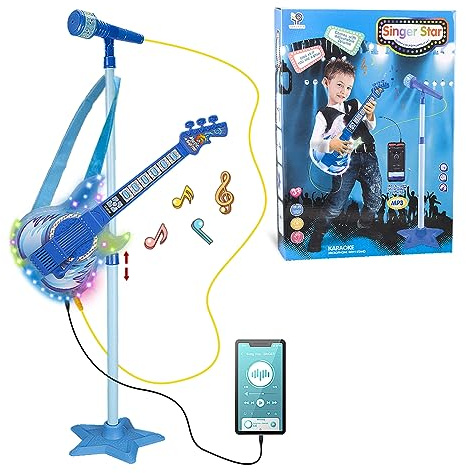 TAKIHON Guitar and Microphone Set for Kids,Guitar Toys with Music&Colorful Light,Adjustable Height Microphone with Stand,Karaoke Toys Gift for Boy,Girls,Toddlers(Blue)-Upgraded