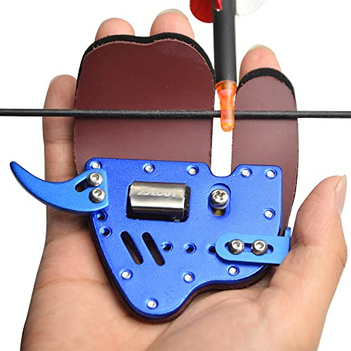 SHARROW Tiro con L'Arco Protezione per Le Dita in Pelle Finger Tab Protezione del Mano Regolabile Guanto da Tiro per Arco Ricurvo RH/LH (M, Blu/Mano Destra)