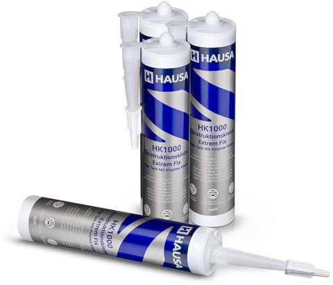 HAUSA High-Tack Montagekleber 4x 290ml extrem starker Alleskleber für Metall Stein Holz Spiegel elastischer MS Polymer Konstruktionskleber HK1000 für Innen Außen nasse trockene Oberfläche weiß