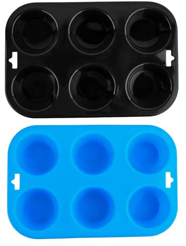 Selecto Bake 6 Cup Silicone Bun & Muffin Moulds – Non-Stick Cupcake & Yorkshire Pudding Tray – Pack of 2 (Black, Blue)