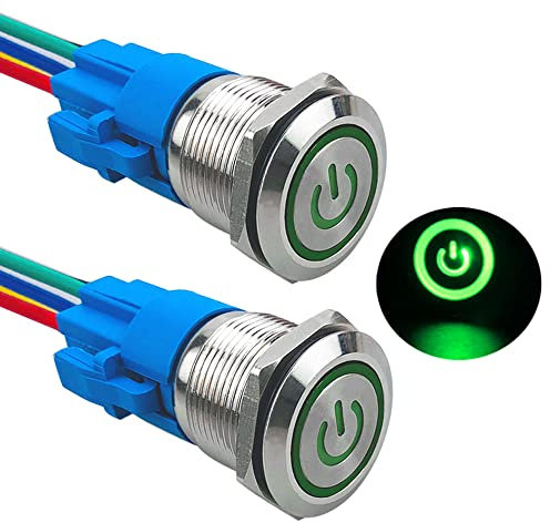 Aiqeer 2 Piezas 19 mm Interruptores de Botón Autoblocante, 12V / 24V 5A Interruptor de Botón LED Verde, Interruptor Pulsador Metálico Impermeable, con Enchufe Precableado