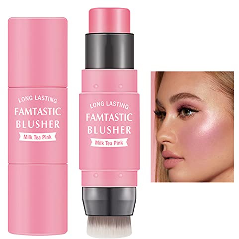 Cream Blush Stick with Brush,Waterproof Multi Cream Makeup Stick,Lightweight,Long-lasting,2 in 1 Multi Blush for Cheeks & Lip Tint & Eyeshadow Makeup(#01 Milk Tea Pink)