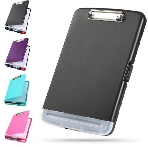 DMFLY Klemmbrett mit Aufbewahrung, robuste Clipboards mit Stifthalter, A4 Kunststoff-Klemmbretter mit Fach, starke Klemmbretter mit niedrigem Profil-Clip, ideal für die Arbeit (Black)