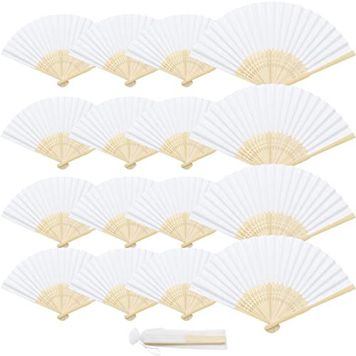 SPOKKI Hand Fan Folding, 16 Pieces Paper Fans with Portable Bags, Hand Fans for Wedding Favours, Guests, Party Decorations, Photo Prop (White)