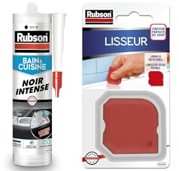 Rubson Mastic Bain & Cuisine Couleur Noir Intense, Joint silicone multi-matériaux renforcé en antifongiques, 280 ml & Lisseur, outil pour lisser tous les types de joints