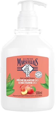 Le Petit Marseillais - Gel Lavant Mains Pêche Blanche BIO & Nectarine BIO (flacon-pompe de 500 ml) – Savon liquide avec 92 % d'ingrédients d'origine naturelle – pH neutre pour la peau